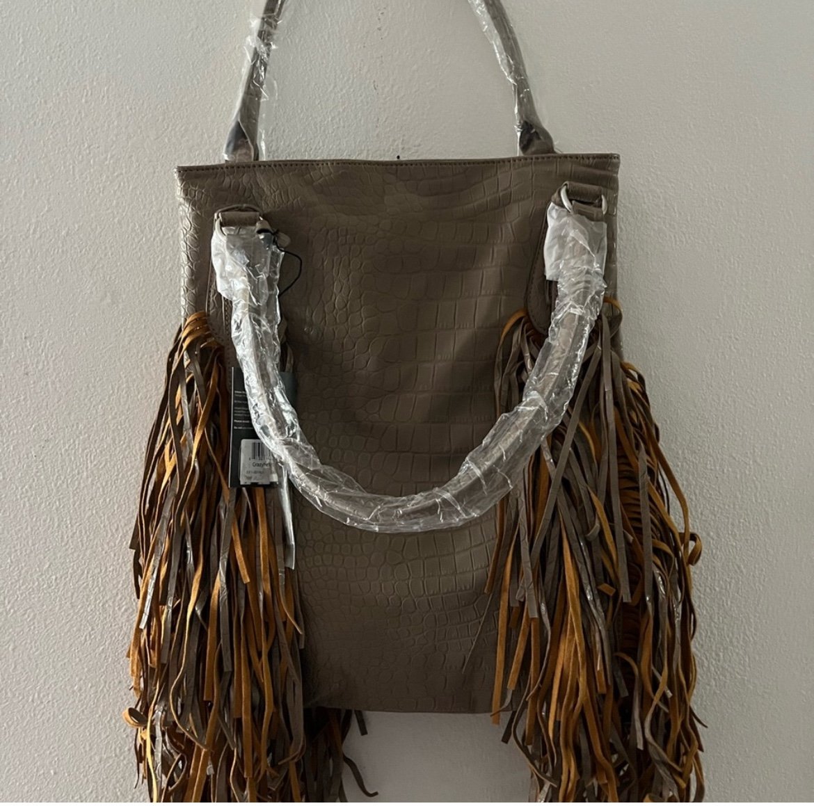 New WT Free People Urban Originals Crocodile Print Stone Tote Purse w/ Fringe
