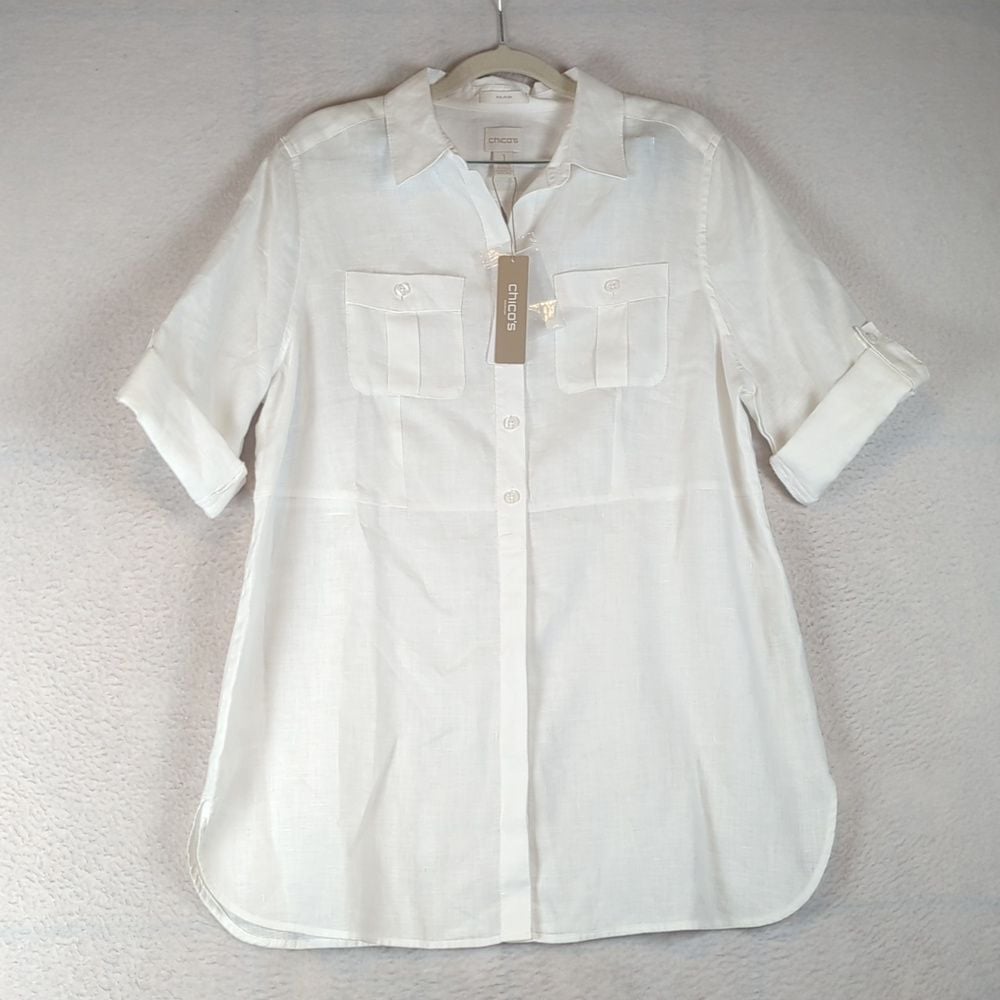 Chico's Women's White 100% Linen 3/4 Sleeve Button Down Shirt Size S
