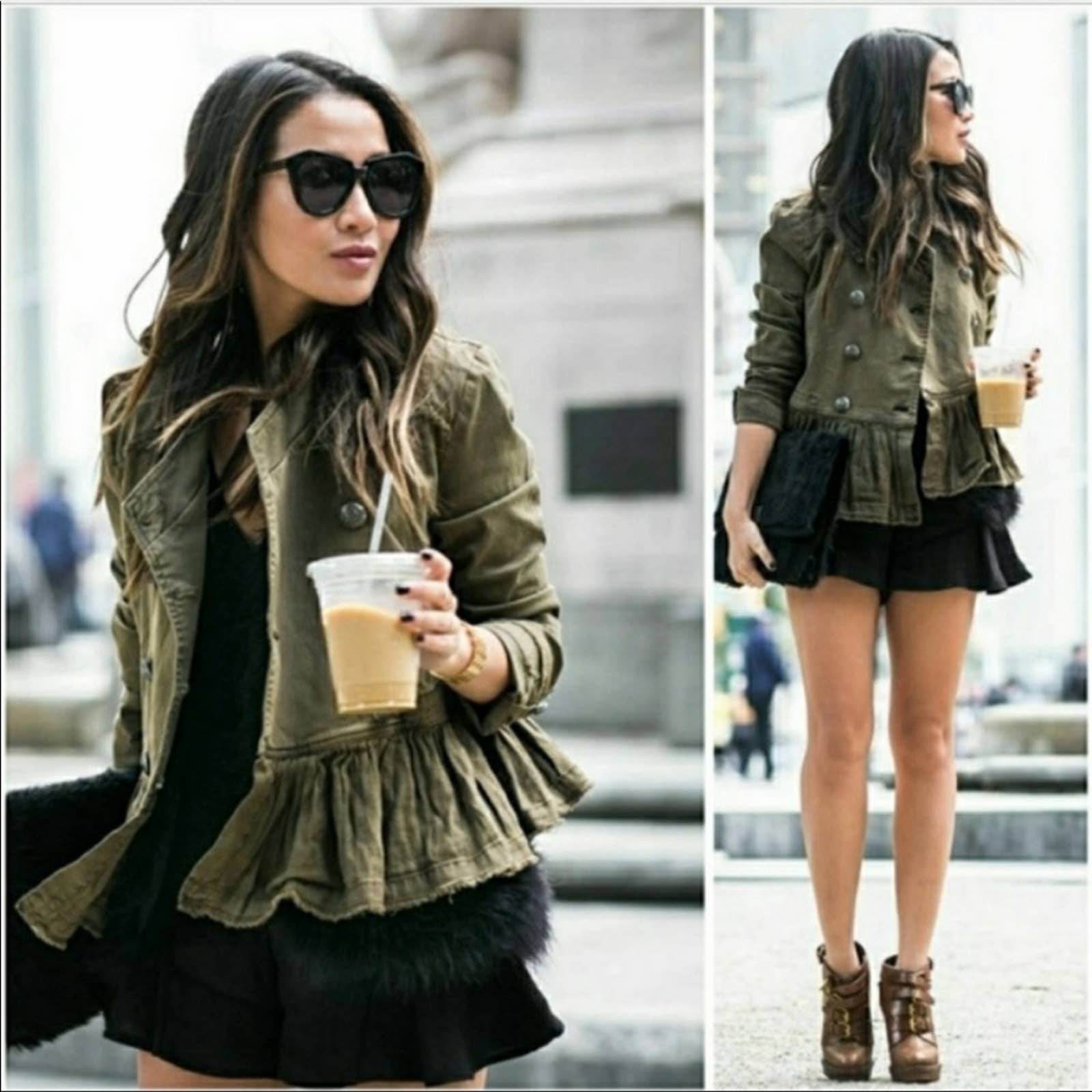 Free People Green Ruffle Military Coat S