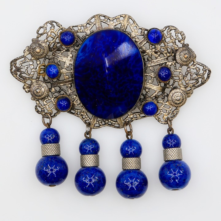 Vintage Dark Blue Sparkly Art Glass Filigree Czech Brooch Beaded Dangles 1930s