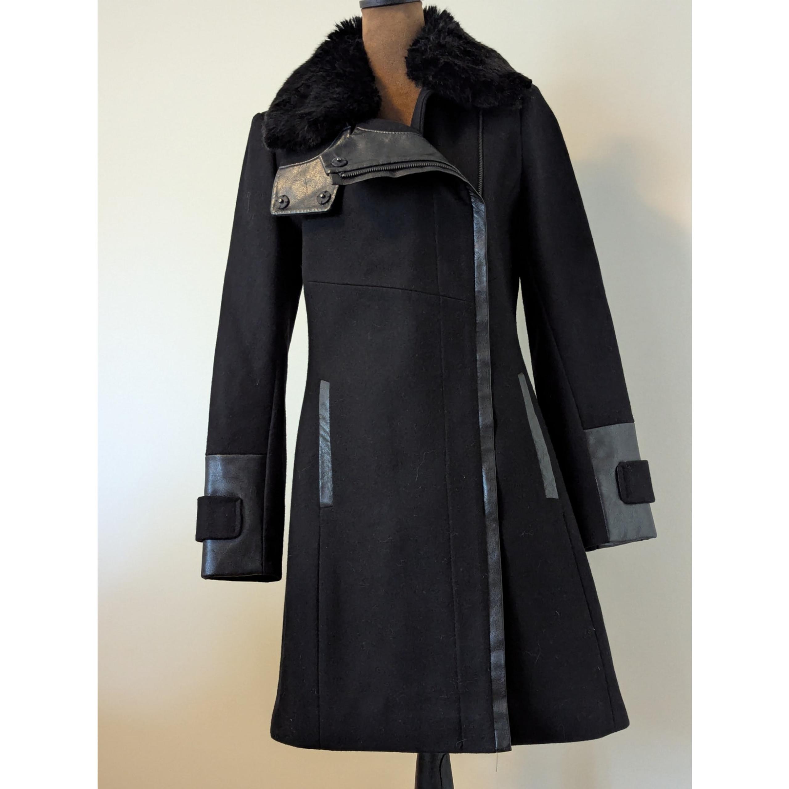 Via Spiga Wool Faux Fur Asymmetrical Full Zip Black Long Coat Jacket Sz 2