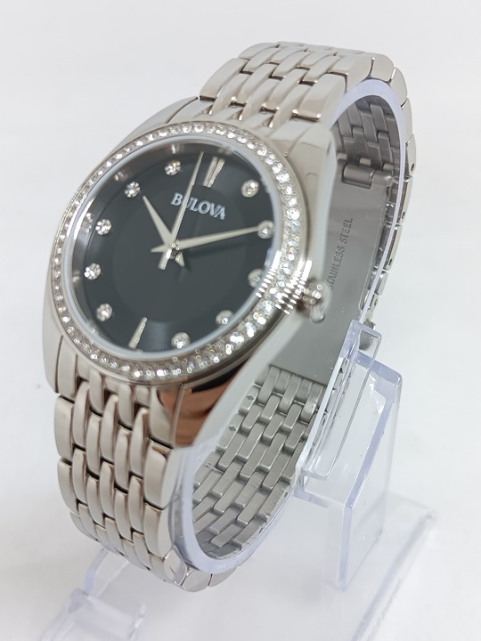 Bulova 96L317 Women's 31mm Crystal Accent Black Dial Stainless Steel Watch