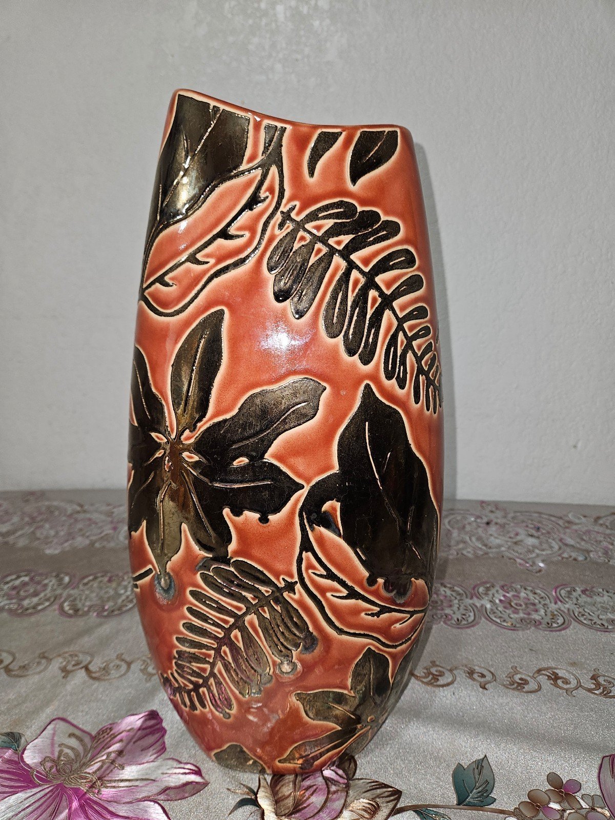 Amazing Floral Orange Porcelain Pottery Hand Painted Art Table Vase 18 Tall
