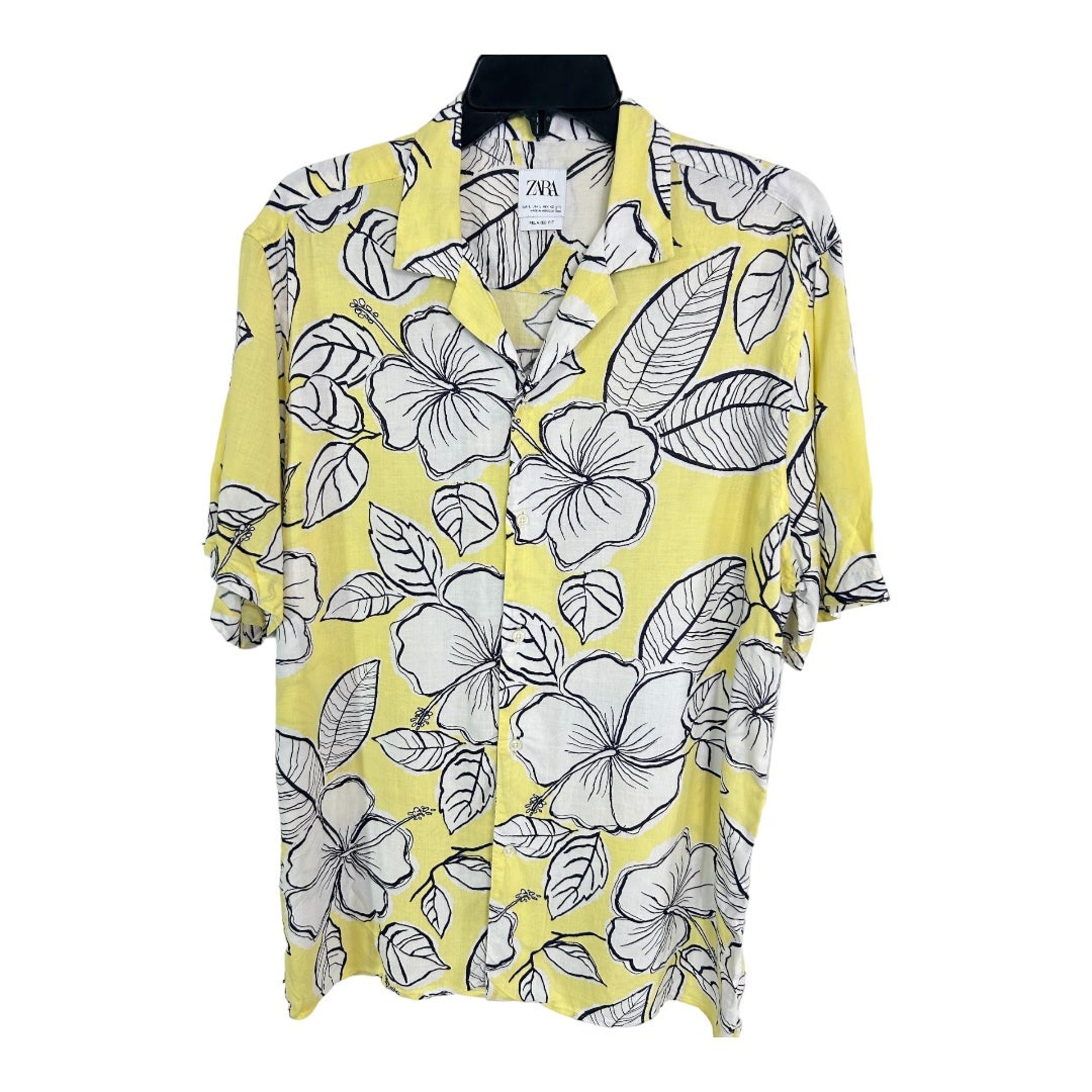 Men’s L Short Sleeve Shirt, Floral Hawaiian Yellow and White A507 - ZARA