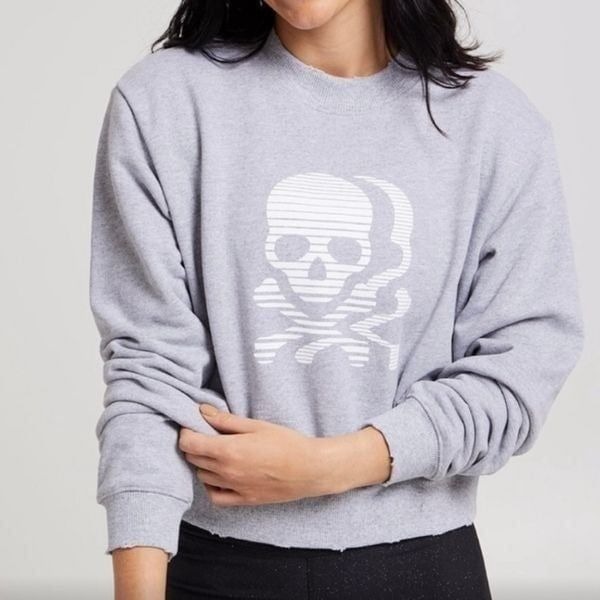 Soulcycle, Gray Long Sleeve Cropped Distressed Sweatshirt Skull Logo Women’s XS