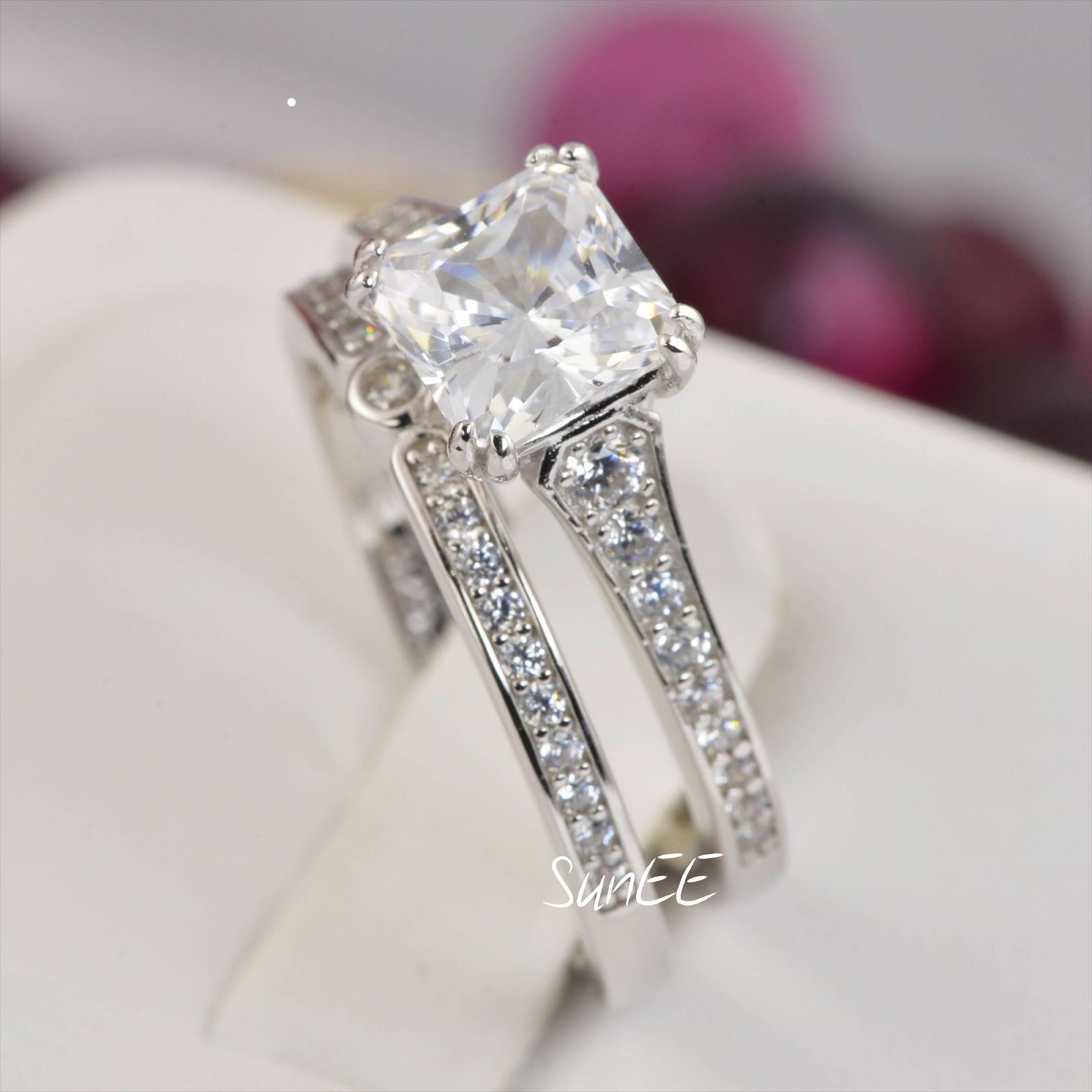 New Real 925 Sterling Silver Princess Cut Engagement Ring Wedding Band Ring
