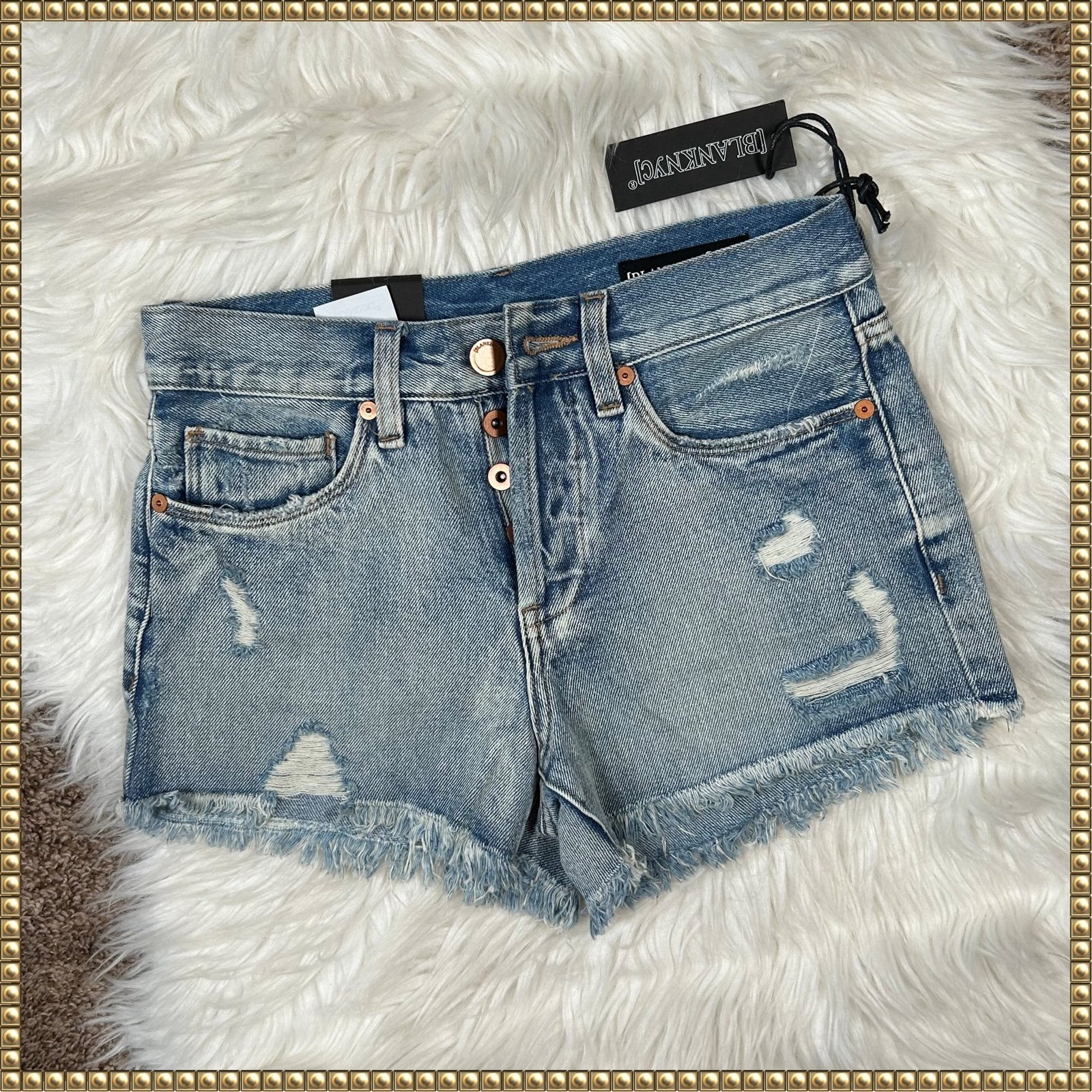 NWT BLANK NYC Distressed Ripped Frayed Mid-Rise Denim Blue Jean Shorts Size 24