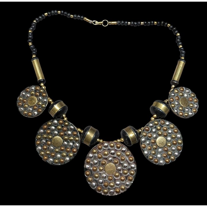 Vintage Brutalist Metallic Bead And Medallion Statement Necklace
