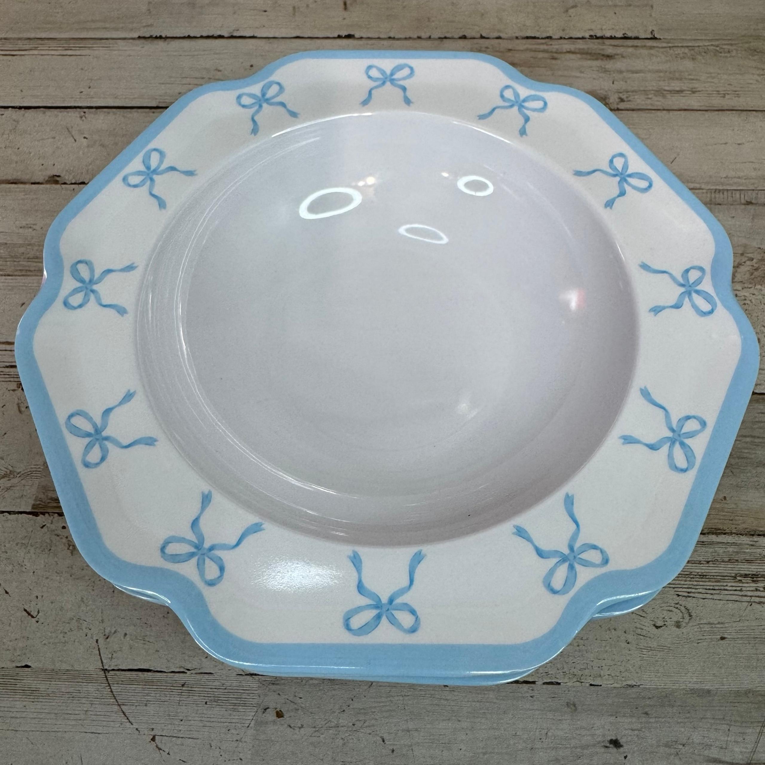 Shabby Chic Melamine Blue Ribbon Bow Serving Salad Bowls Set 4 Bridal Baby Party