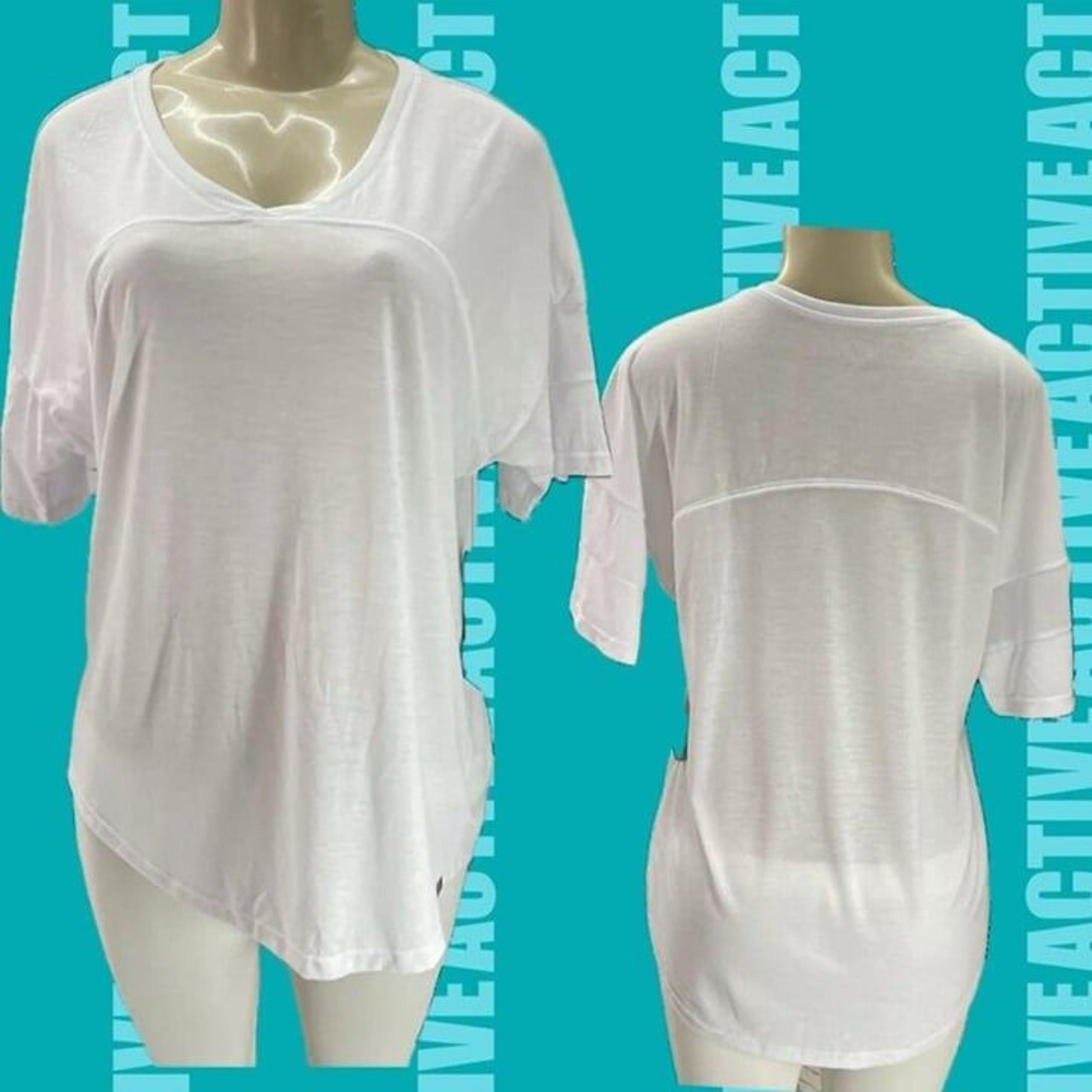 Marc New York XL White Semi-Sheer V-Neck Curved Hem Short Mesh Inlay Sleeve Tee