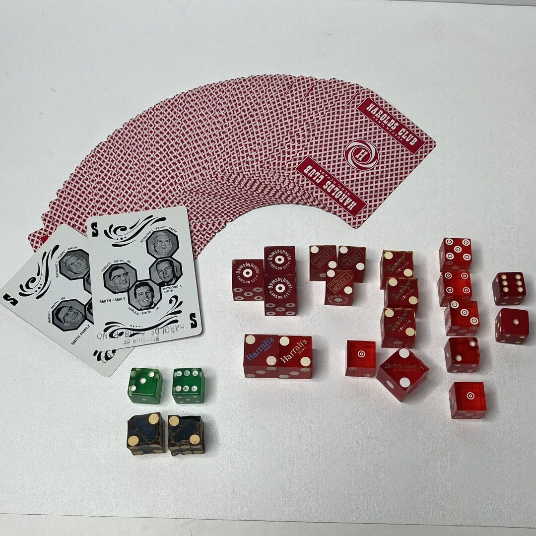 Vintage Lot Of Cards And 24 Lucite Dice Reno Tahoe Nevada Casinos