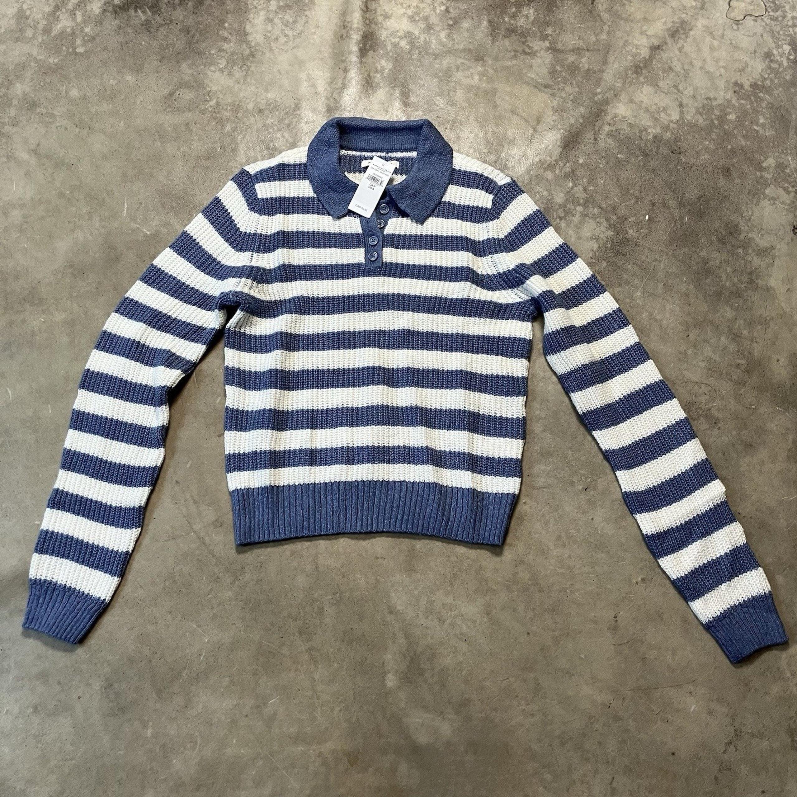American Eagle Sweater Womens Size Small Blue White Striped Collared Preppy