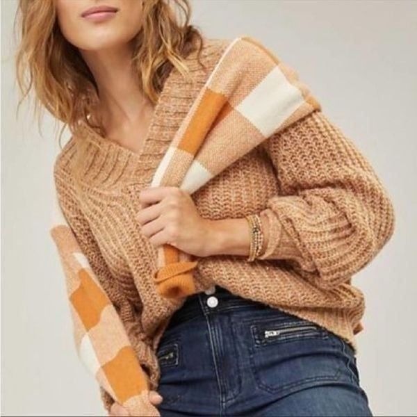 Anthropologie Honore Ribbed V Neck Chunky Knit Wool Sweater in Honey Sz XSP