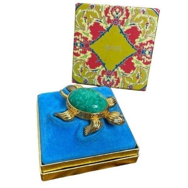Avon Gold Tone Sea Turtle Mottled Green Cabochon Solid Perfume Holder Trinket Ne