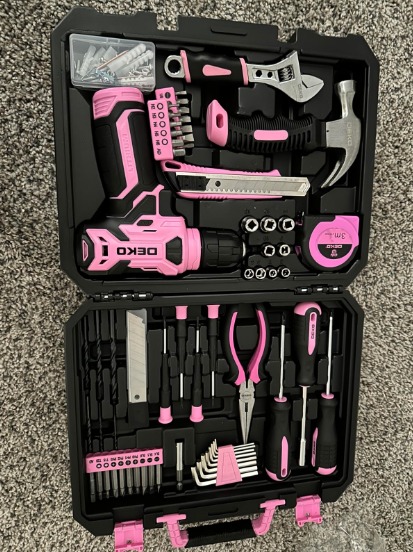 126 pcs Drill Set: Tool Set with 8V Pink Cordless Drill, Home Tool Kit