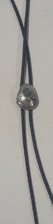 Vintage Metal Bolo Tie, Silver and Blue Stone Design, 1 1/2 x 1\ 
