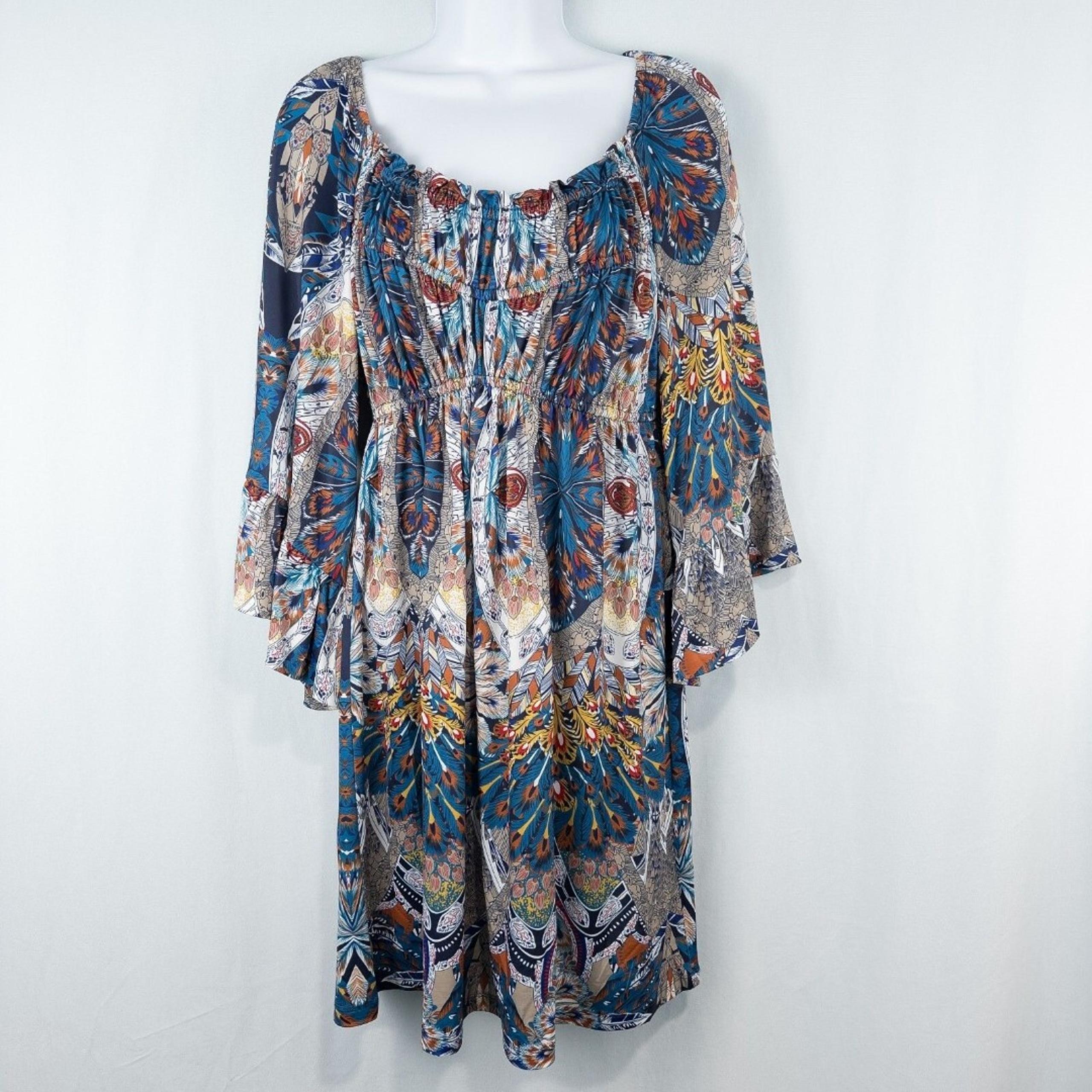 Boston Proper Royal Peacock Flare Sleeve Mini Dress Size Small Abstract Boho