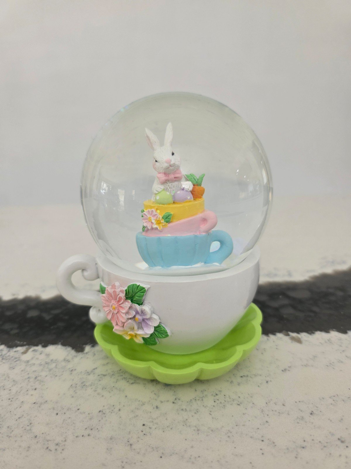 New Easter Spring Bunny Rabbit In Teacup Snow Globe Home Decor