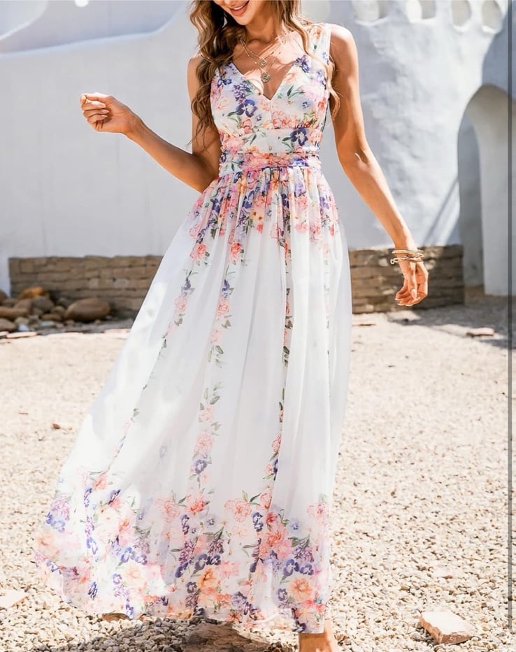 Cupshe Floral Maxi Dress v neck flowy swing dress