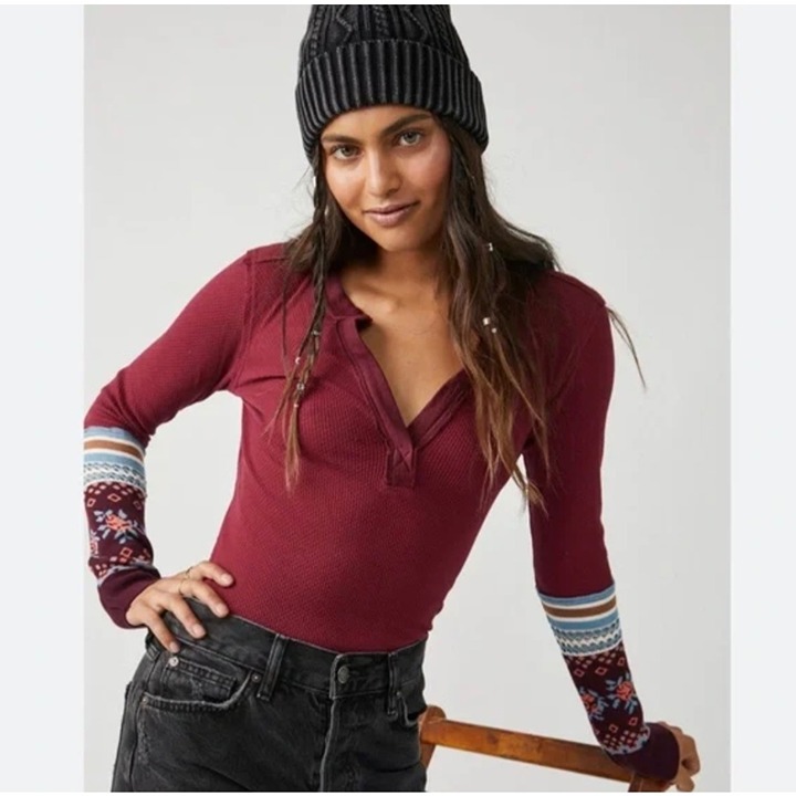 Free People Mikah Printed Cuff Thermal Top Wine Combo Size M