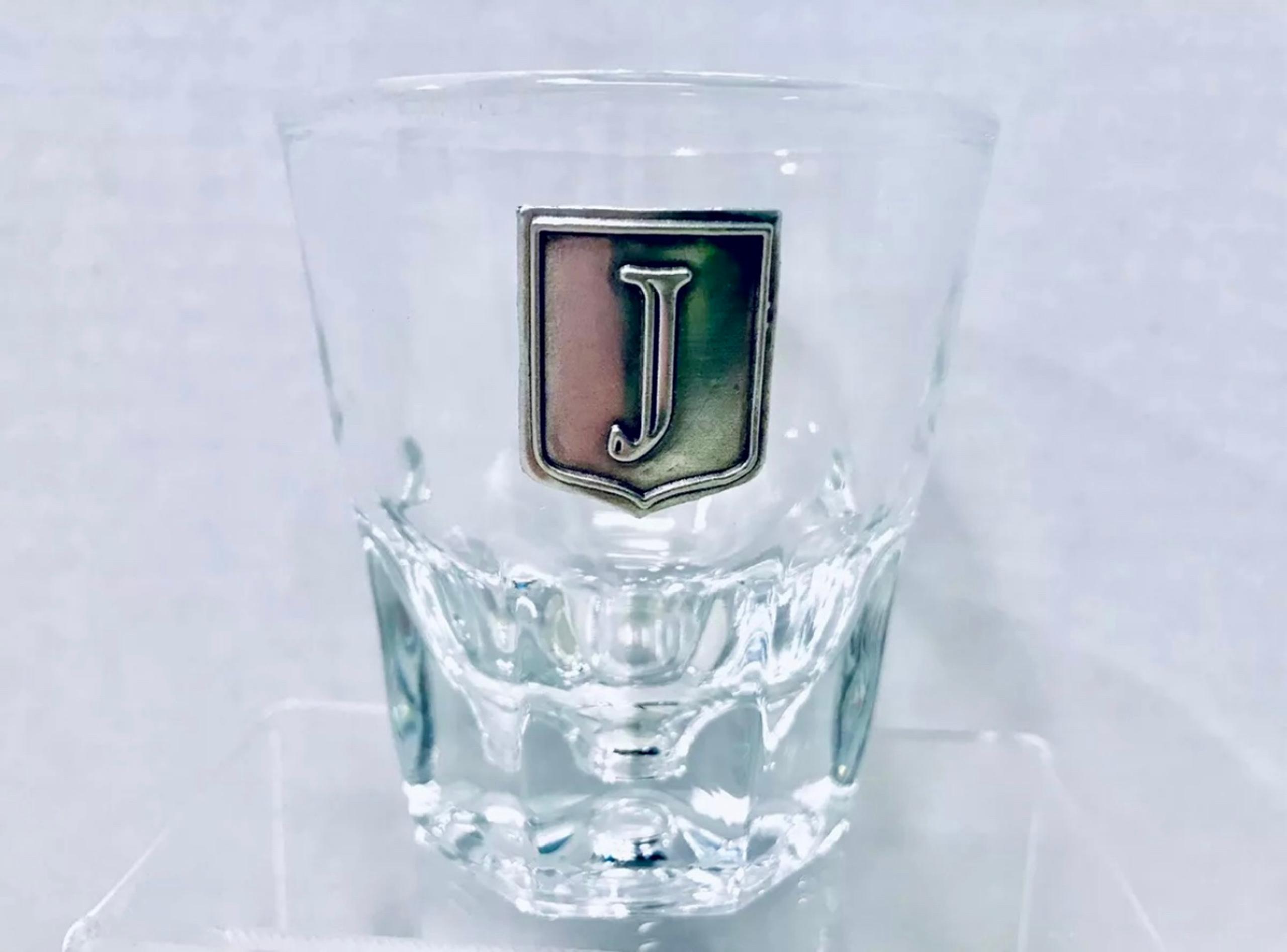 Libbey Whiskey Old Fashion Shot Glass With Monogrammed Initial J Pewter Shield