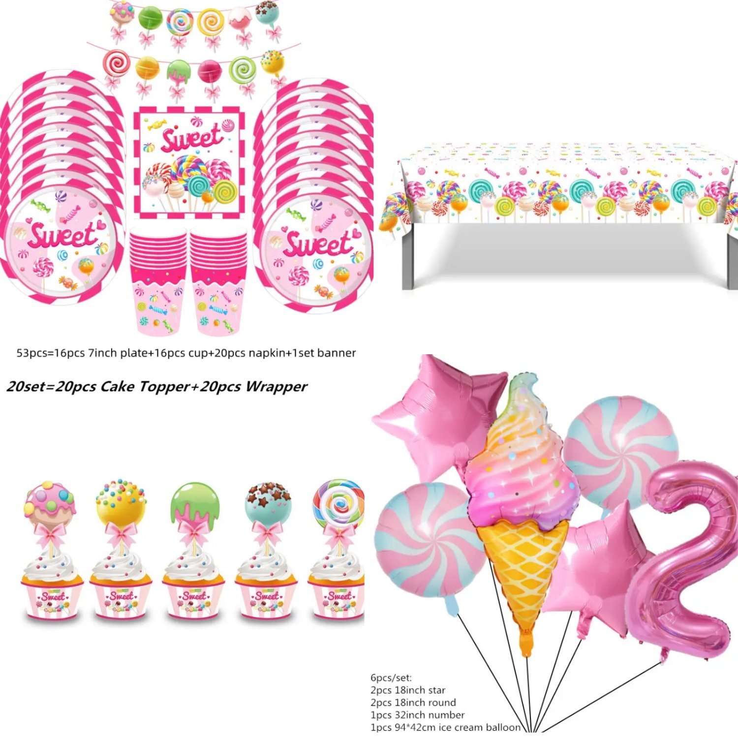 Lollipop & Sweets Theme 100pcs Party Supplies | Plates, Cups, Balloons & More