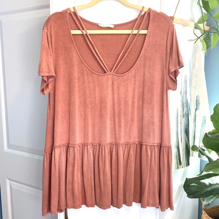 Coral Pink Peplum Style Top with Cut Out Neckline