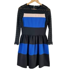 Badgley Mischka Colorblock Lace Sleeves Fit Flare Cocktail Dress Black Blue, S