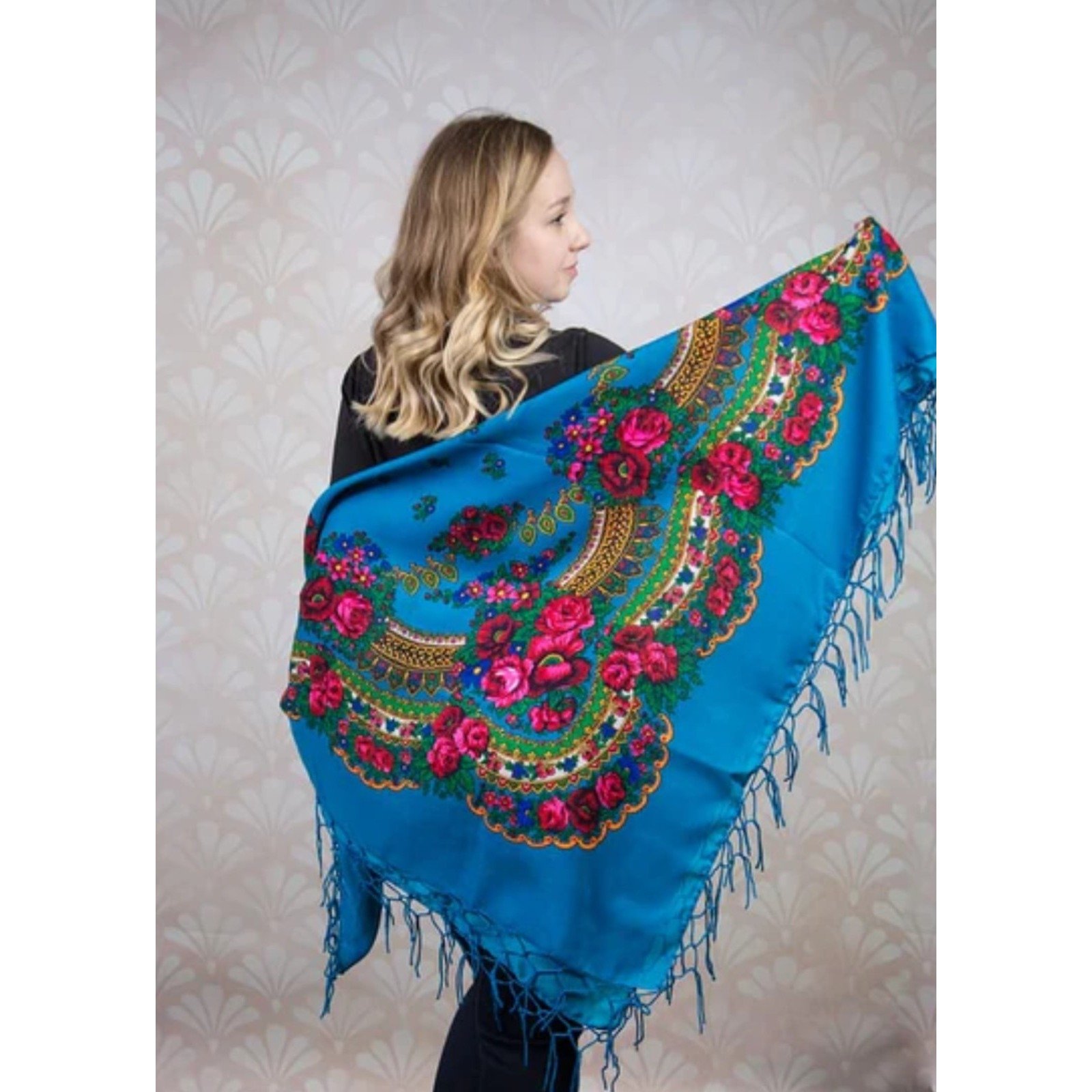 Vintage Ukrainian USSR Turquoise Floral Wool Fringed Square Scarf Shawl 50 x50