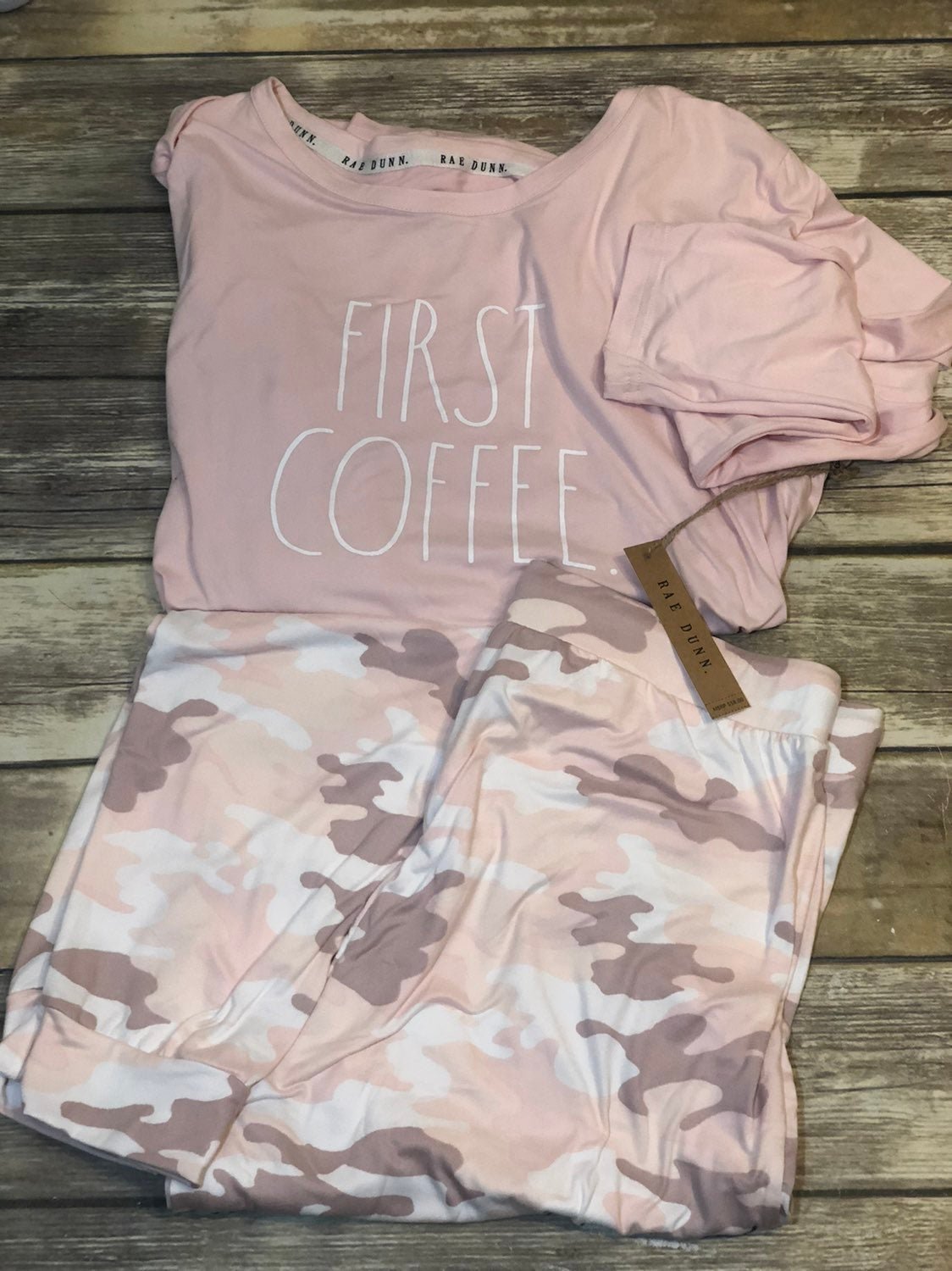 Rae Dunn pajamas FIRST COFFEE pink camo