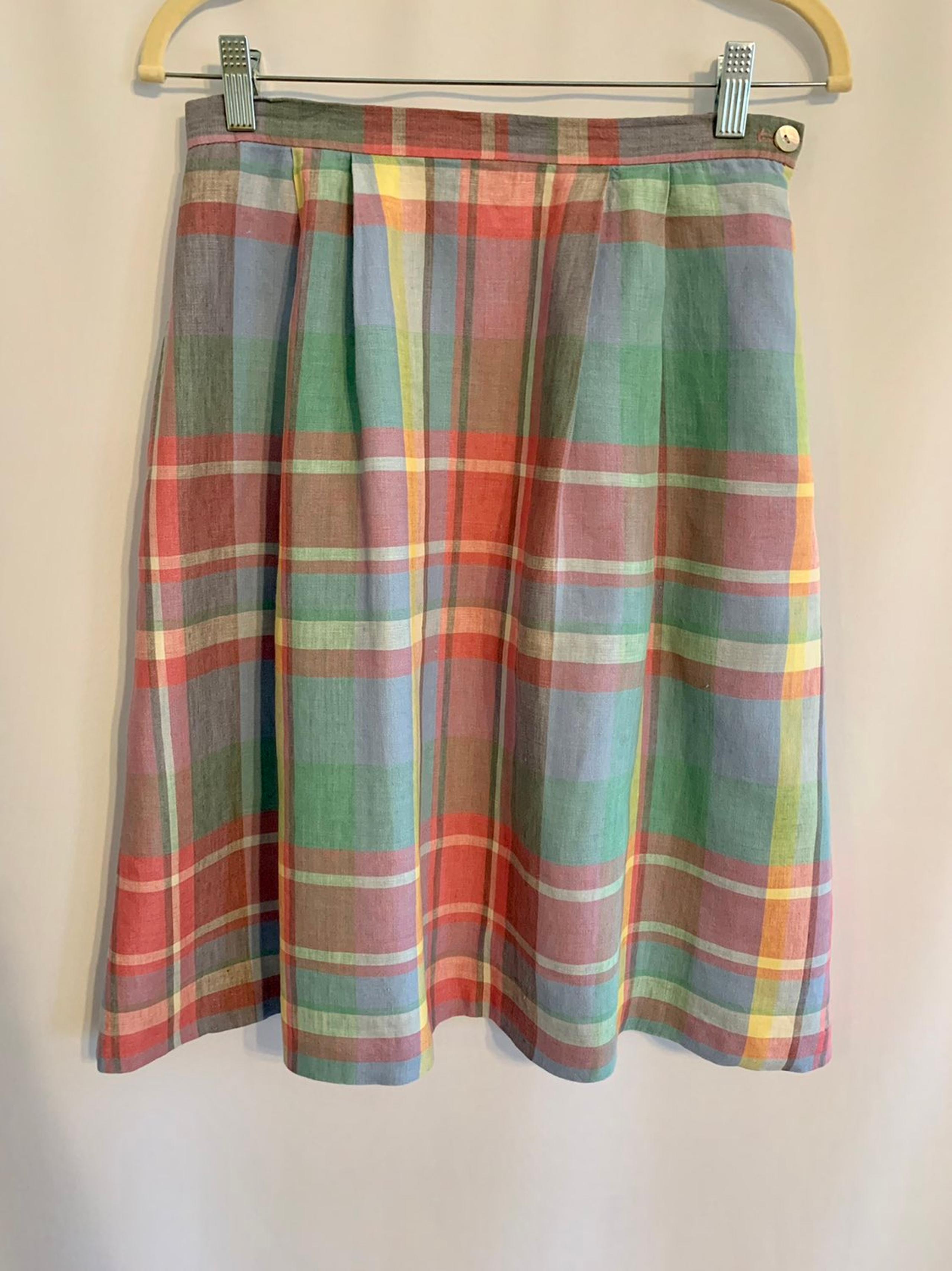 Orvis VTG Multicolored Plaid sz 8 100% Linen Skirt With Side Zip &Pockets.A line