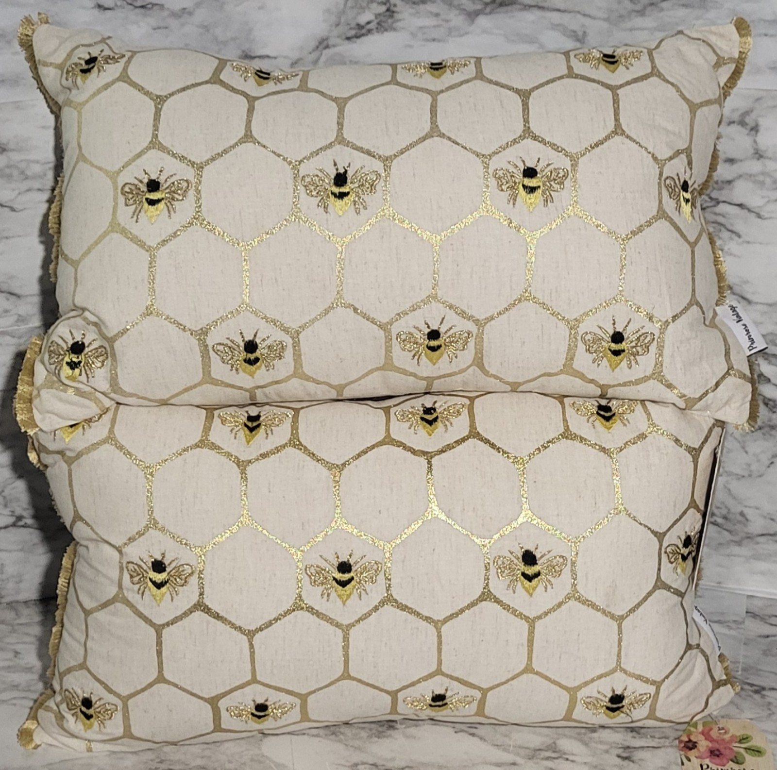 Adorable Primrose Vintage Accent Pillows. Shiny Gold Honeycomb Pattern Bees