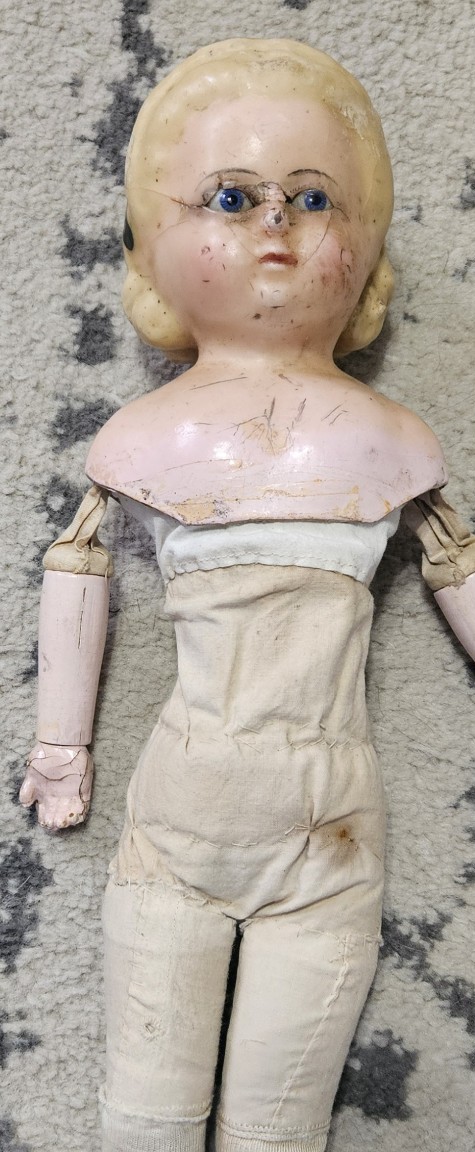 Antique 1800s German Wax and paper mache composition pumpkin head doll