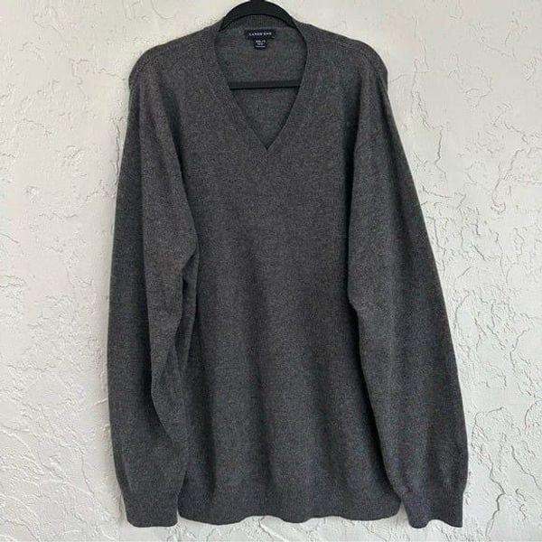 LANDS END Cashmere Sweater Mens Size XXL Tall Gray Pullover V Neck Preppy