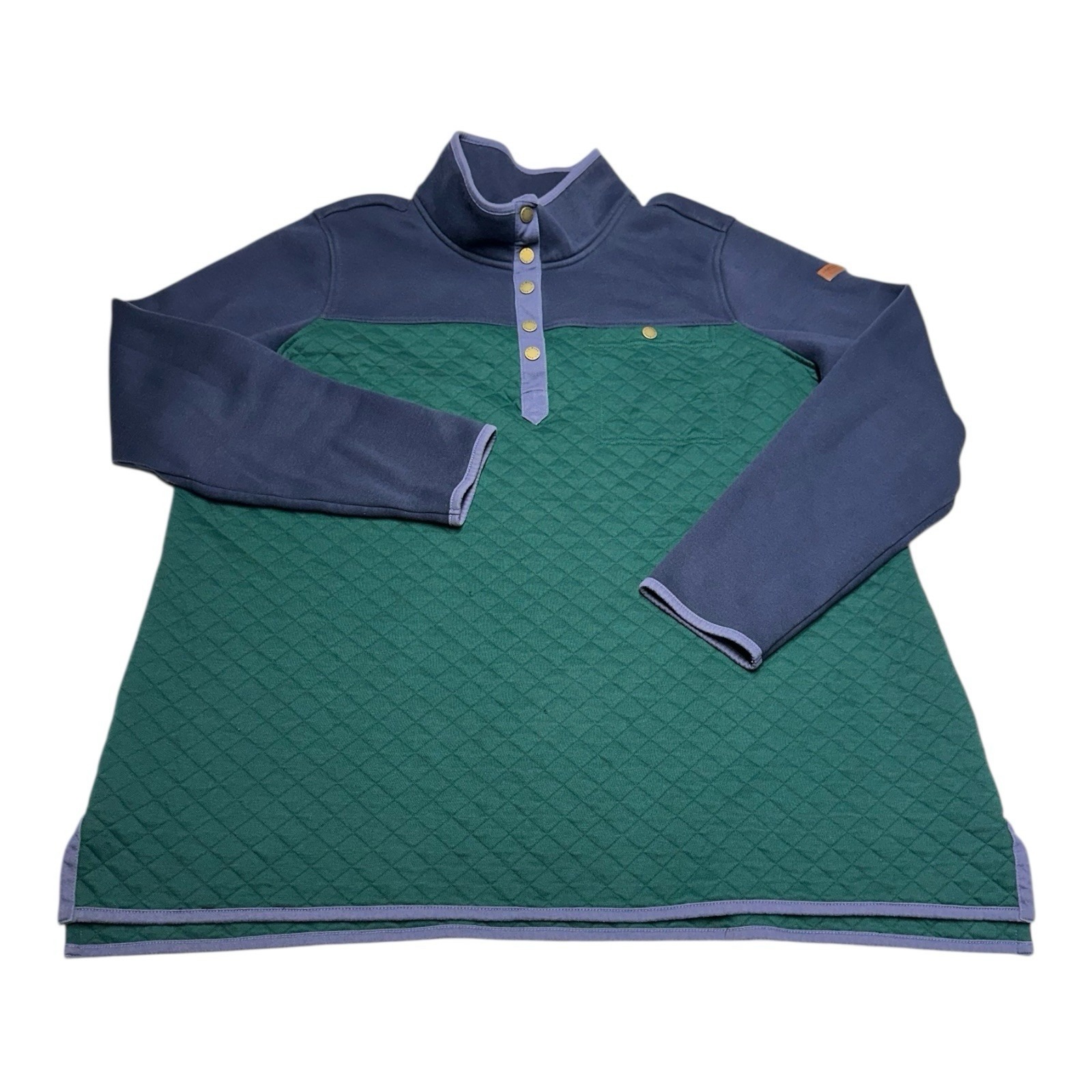 LL Bean Sweater Womens 2X Plus Green Navy Blue Quilted Pullover 1/4 Snap Outdoor