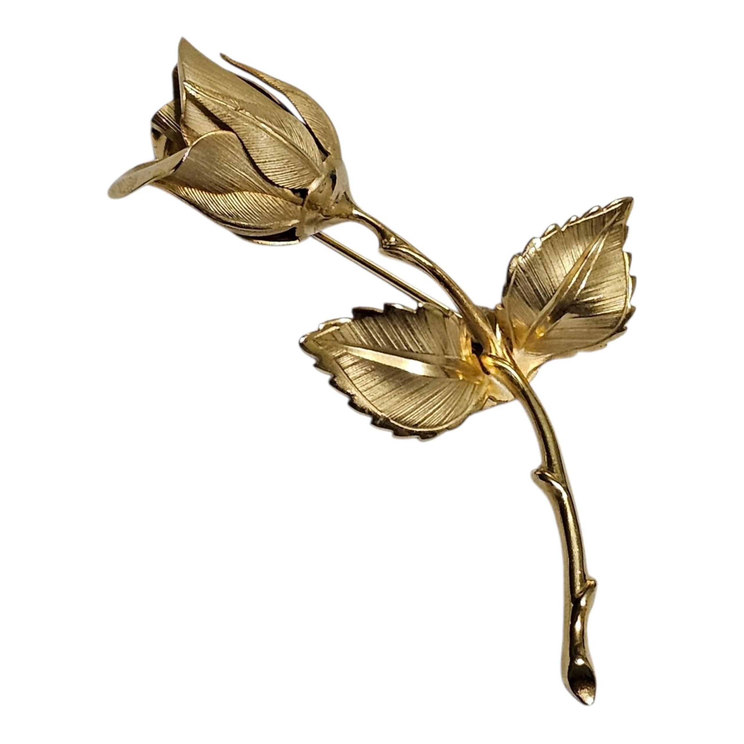 Vintage Signed GIOVANNI Long Stem Rose Brooch Pin Gold Tone Love Flower