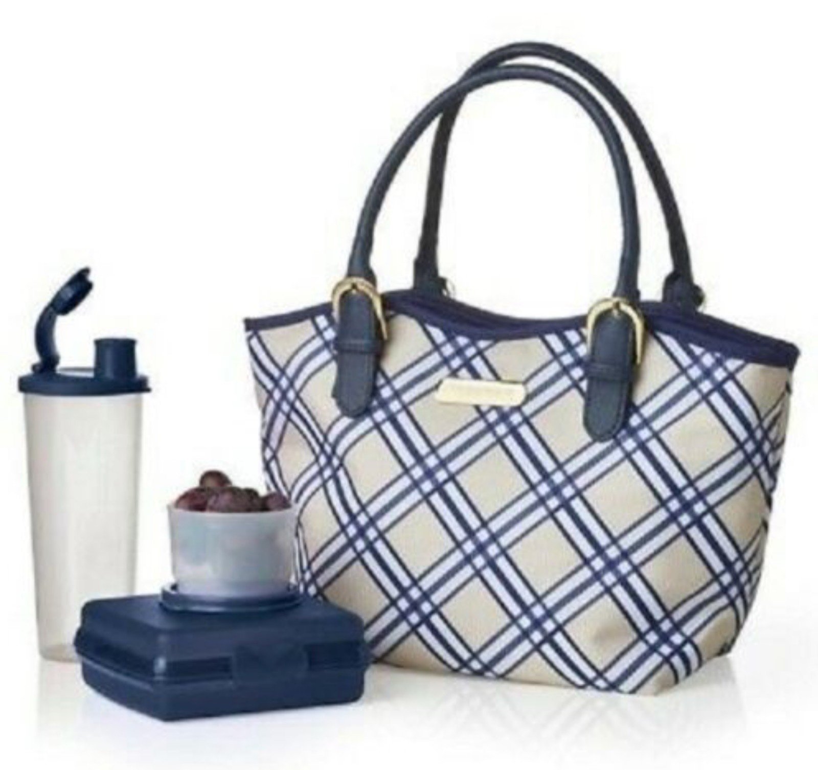 Tupperware Insulated Posh Plaid Lunch Bag Tumbler Snack Cup & Sandwich Keeper