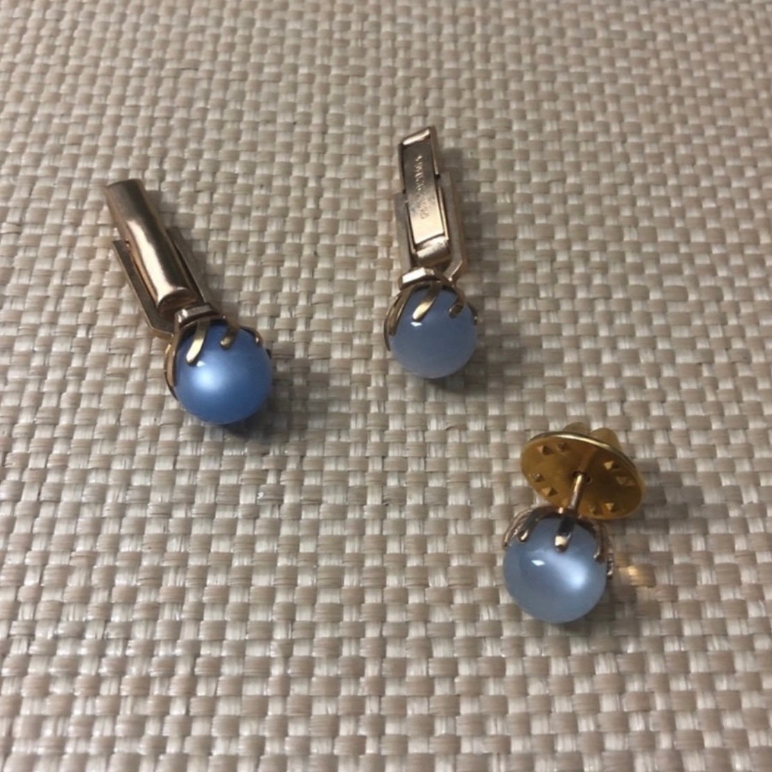 Vintage Blue and Gold Tone Cuff Links and Pin Round Ball Classic Minimalist