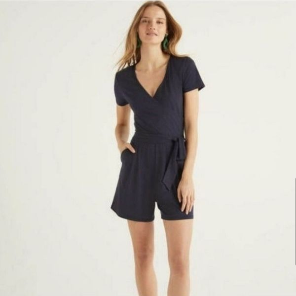 Boden -776 Navy Romper Short Sleeve Tie Waist Women's Sz 6 P