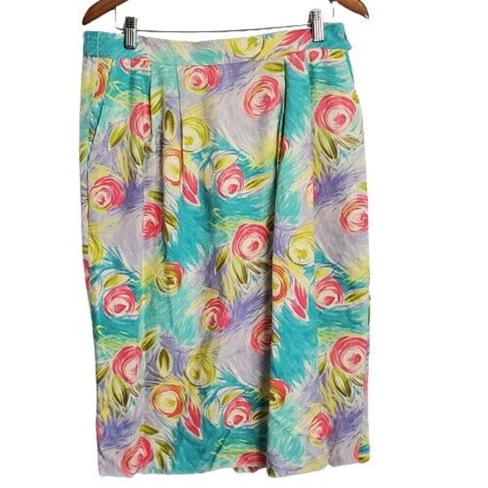 Vintage 80s Georgiou Skirt Womens Size 14 Silk Blue Pink Midi Cottage Coquette