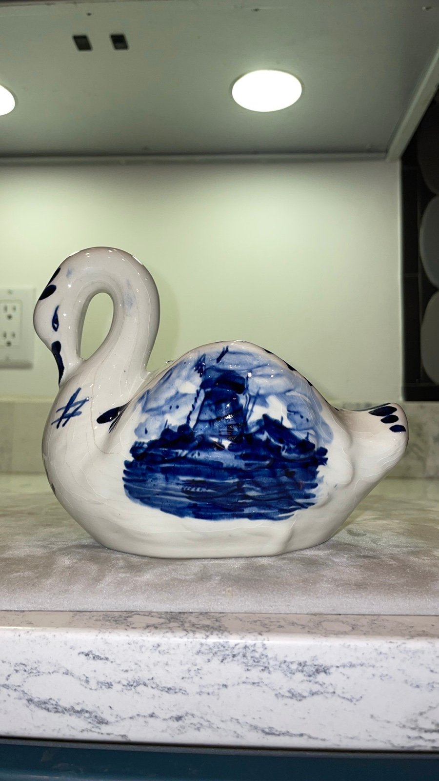Hand Painted Delft Holland Vintage Swan Planter Delft Blue Windmill Signed EUC