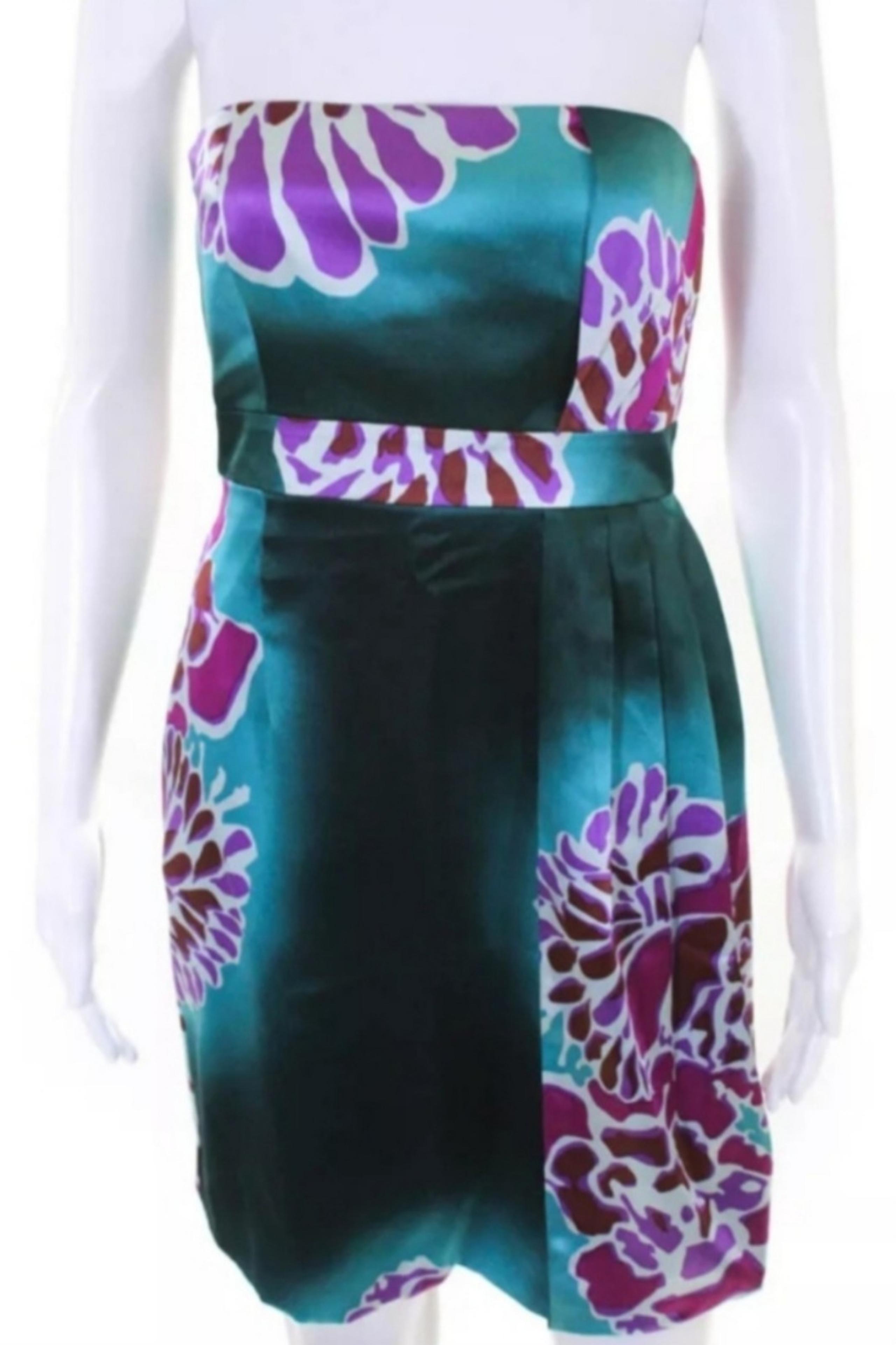 Tibi 100% Silk Womens Printed Strapless Dress Blue Pink Purple Size 0