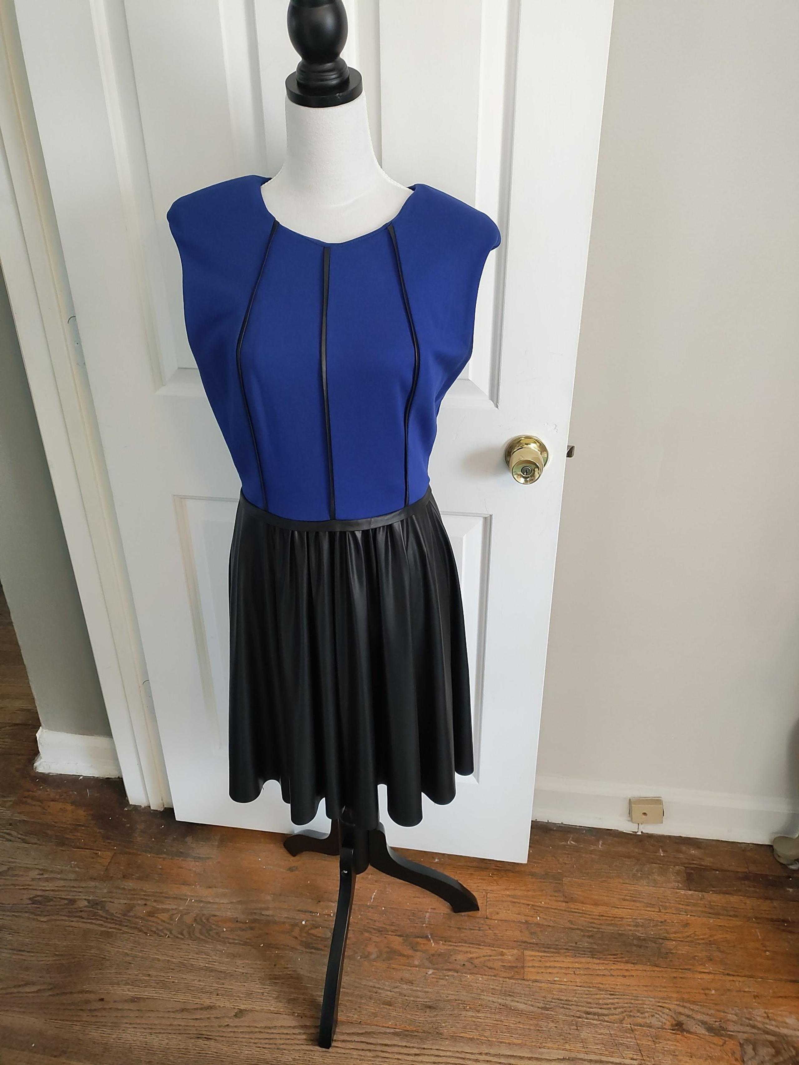 Badgley Mischka faux leather blue and black dress