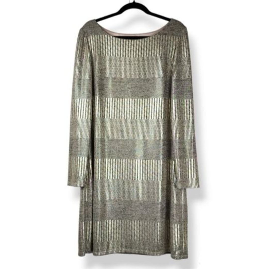 Jessica Howard Gold Dress Metallic Long-Sleeve Shift Cocktail Party Size 18