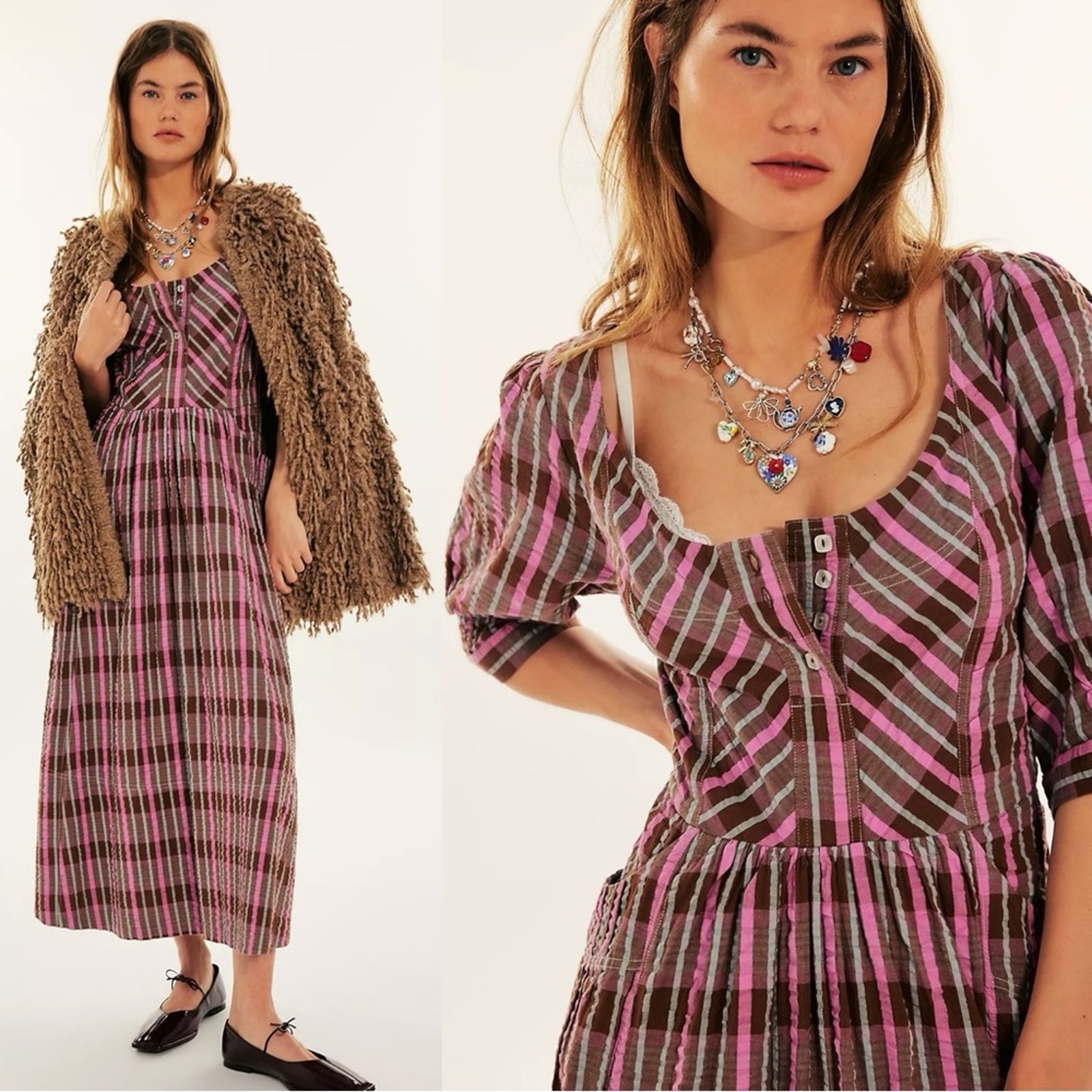 Free People Tulie Plaid Midi Dress Pink Brown Small NWT Western Prairie Preppy