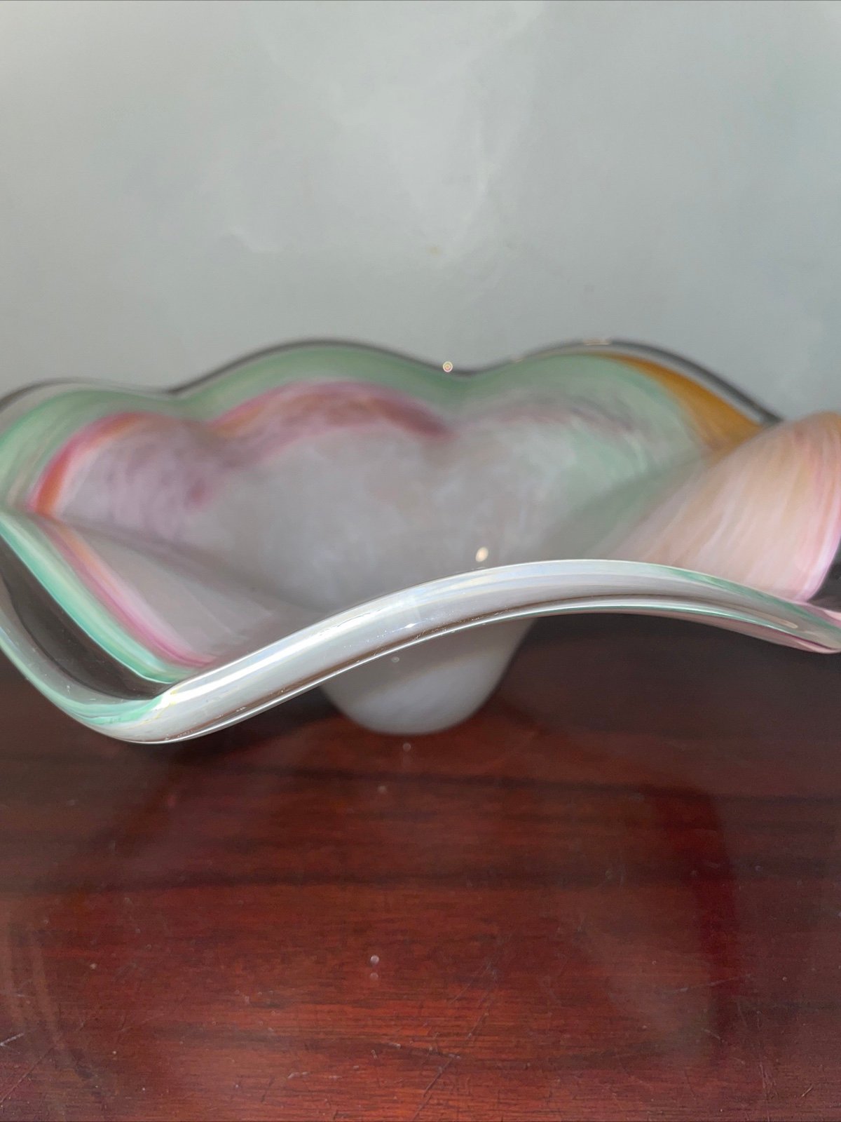 VTG MURANO Glass Bowl Blown Pastel MCM Glass Centerpiece Swirled rainbow Ruffled