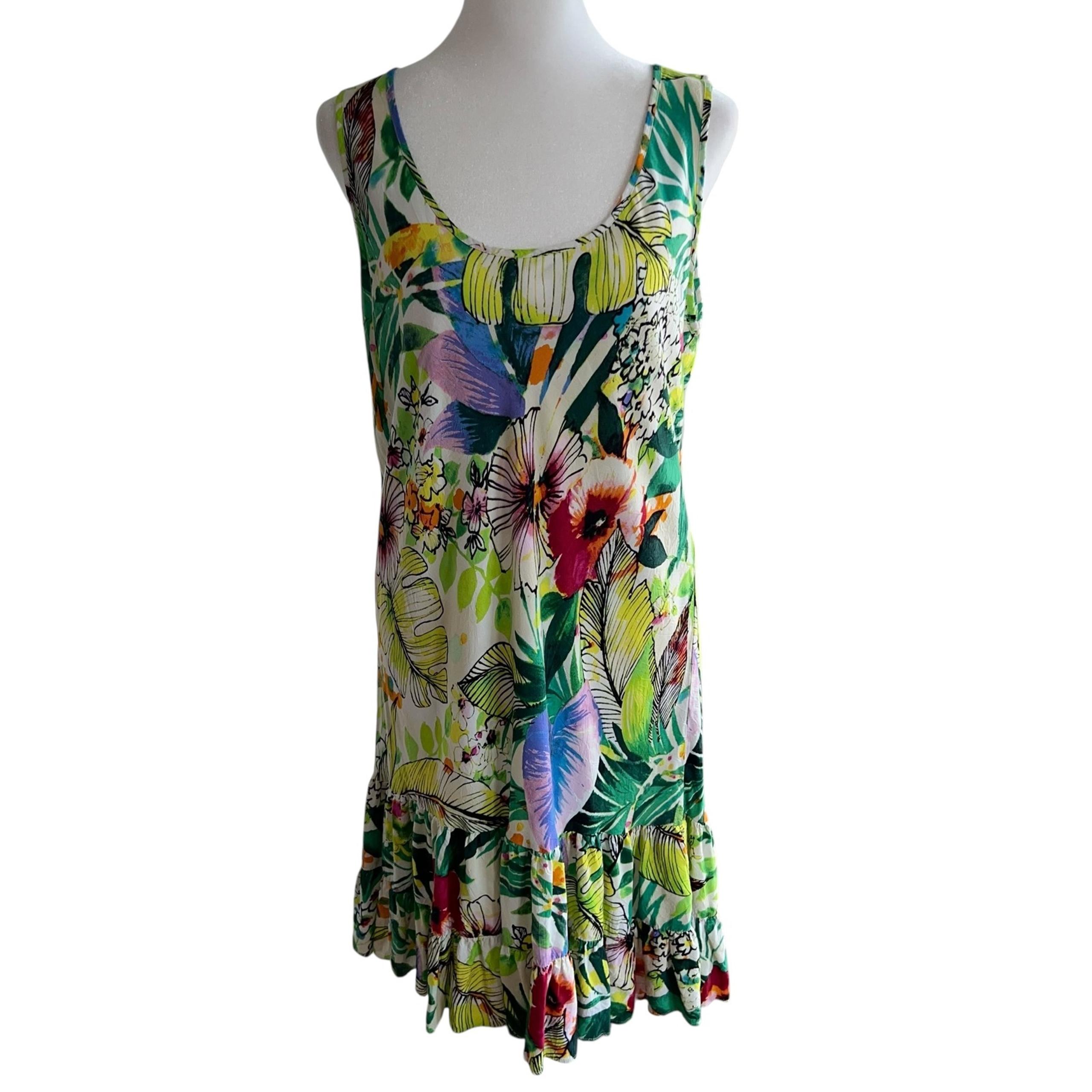 Jams World Jungle Splash Floral Tank Dress Ruffle Hem Tropical Beach Size M