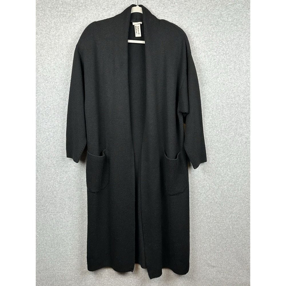 VTG Rodier Duster Cardigan Sweater Black Long Coat Wool Blend Open Front Pockets