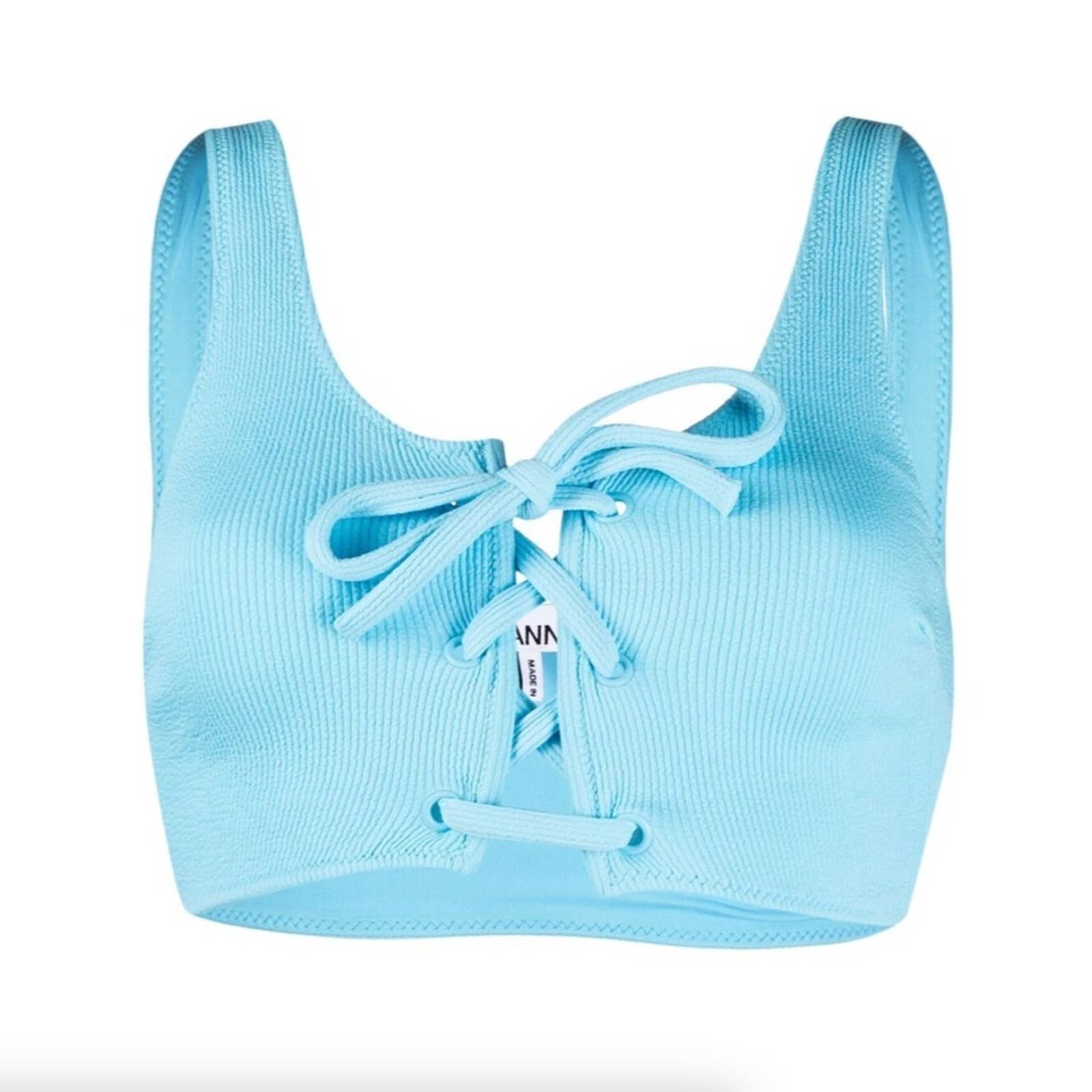 GANNI Tie Front Ribbed Bikini Top