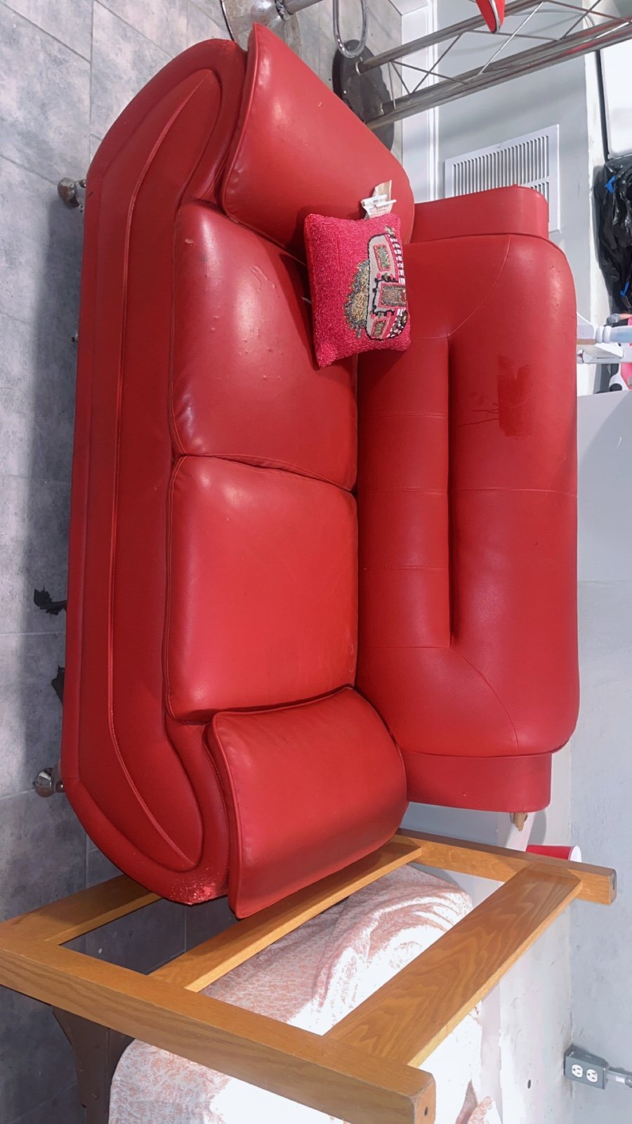 Red leather sofa, red bar chairs
